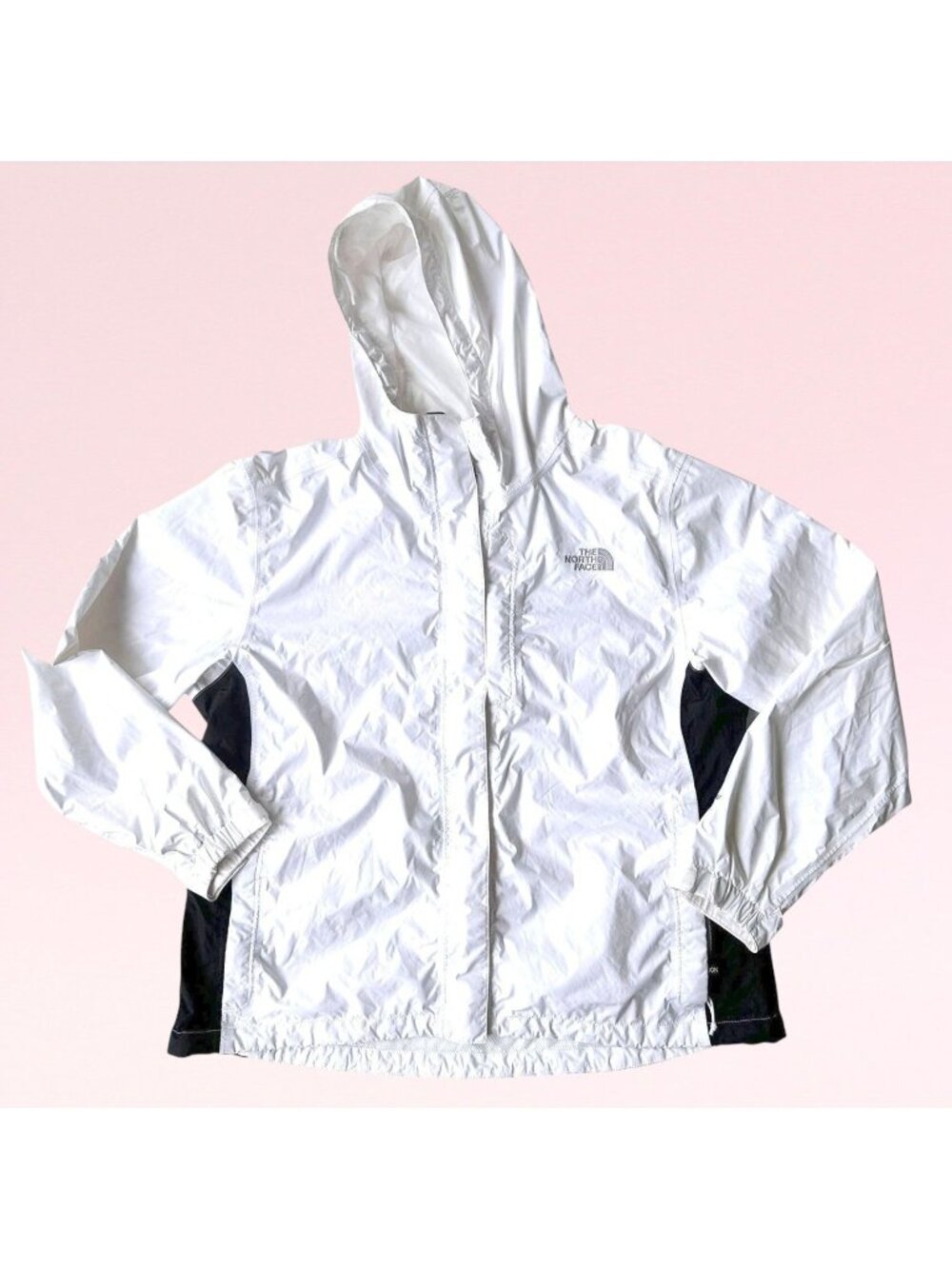 North Face Womens Hyvent Rain Jacket Ladies XL White Black Hooded Waterproof EUC